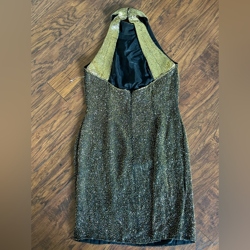 New OLEG CASSINI Black Tie Silk Black Gold Beaded Backless Dress Size 10